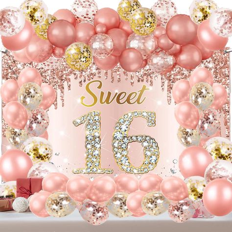 PRICES MAY VARY. Product： Rose gold sweet 16th birthday banner balloons banner decoration kit , including 1pcs 44 * 72 inches 16th birthday backdrop, 45pcs balloons, 1 roll of whit ribbon roll-20 feet, 100 adhesive points Unique design：The 16th banner decoration specially designed for women. Elegant rose gold, "sweet 16" words, stars diamonds and other birthday elements.The balloons in the set can be designed other shapes, which will definitely make your party stand out. Scenes：This rose gold ha Sweet Fifteen Decoration, 16 Birthday Party Ideas At Home, Sweet Sixteen Party Ideas Decoration, Party Decorations Sweet 16, Sweet 16 Tea Party, Rose Gold Birthday Party Decorations, 16 Party Decorations, Birthday Elements, Rose Gold Birthday Party