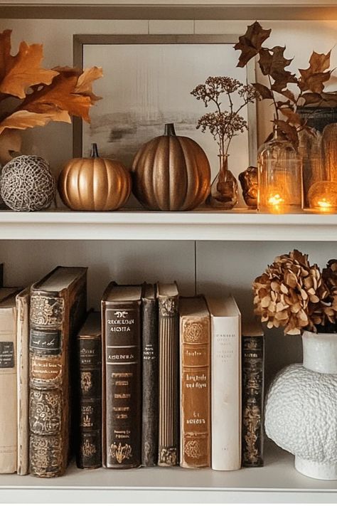 Bring the outdoors in with our Grandmillennial fall decor guide. Discover creative ways to incorporate natural elements into your autumn home. Some of the links in my articles are affiliate links. If you make a qualified purchase from one of my links I will make a small commission at no cost to you. Thank you for your support!!! Rustic Fall Decor Ideas, Fall Decor Shelves, Simple Fall Decor, Grandmillennial Style, Decor Shelves, Decor Books, Rustic Pumpkin, Cozy Fall Decor, Rustic Fall Decor