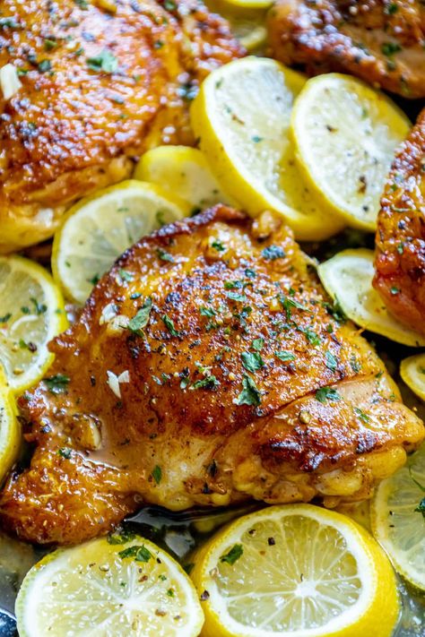 Chicken Thigh Recipes Lemon Garlic, Lemon Chicken Thigh Recipes Baked, Lemon Balsamic Chicken Thighs, Lemon Thigh Chicken, Lemon Garlic Chicken Oven, Lemon Roast Chicken Recipe, Lemon Butter Roasted Chicken, Crock Pot Lemon Garlic Butter Chicken Thighs, Chicken Thighs Lemon Garlic