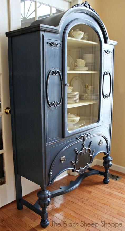 Antique China Cabinet Redo, Jacobean China Cabinet Makeover, Painted Jacobean China Cabinet, Painted Vintage China Cabinet, Blue Painted China Cabinet, Painted Antique China Cabinet, Blue Hutch Makeover, Vintage China Cabinet Makeover, Antique China Cabinet Makeover