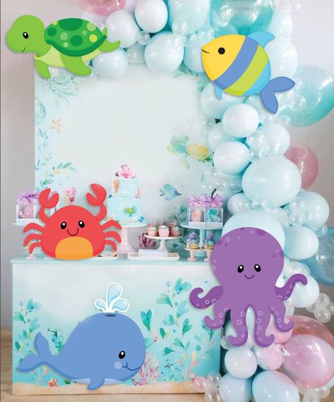 Octopus Theme Party, Fish Birthday Party Decorations, Fish Theme Birthday Decoration, Under The Water Birthday Theme, Sea Life Party Ideas, Sea Animals Theme Birthday Party, Under The Sea Birthday Party Backdrop, Ocean Birthday Backdrop, Aquarium Birthday Theme