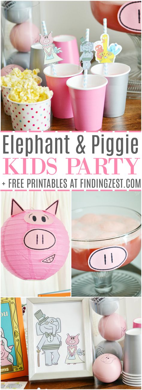 It is an Elephant & Piggie party, including free printables! We are celebrating the 10th anniversary of this fun book series by Mo Willems with piggie punch, books and fun decor! #MoFun #ad Piggie And Elephant Printables, Mo Willems Party Decorations, Piggie And Gerald Birthday Party, Mo Willems Decorations, Piggie And Elephant Birthday Party, Piggie And Elephant Party, Gerald And Piggie Birthday Party, Piggie And Gerald Crafts, Piggy And Gerald Birthday Party