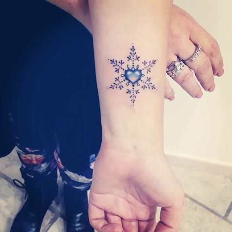 Snowflake Wrist Tattoo, Snowflake Tattoo Design Unique, Frozen Heart Tattoo, Snowflake Flower Tattoo, Snowflake Semicolon, Snowflake Tattoos For Women, Frost Tattoo, Winter Themed Tattoos, Snow Tattoo Snowflakes