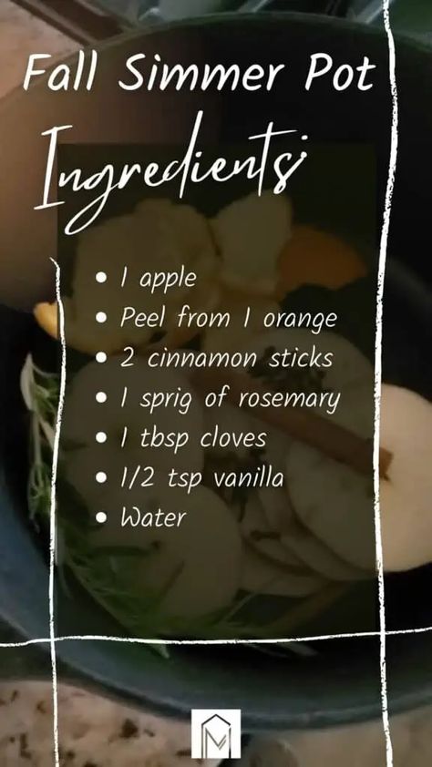 This fall simmer pot uses 1 apple, the peel from one orange, 2 cinnamon sticks, 1 sprig of rosemary (from the garden), 1 tbsp whole cloves, 1/2 tsp vanilla and then the pot is filled with water and simmered on your stovetop! November Simmer Pot, Autumn Equinox Simmer Pot, Vanilla Simmer Pot, Mason Simmer Pot, Crockpot Simmer Pot, Simmer Pot Recipes For Abundance, Fall Scented Simmer Pot, Mini Simmer Pot, Simmer Pot Kits