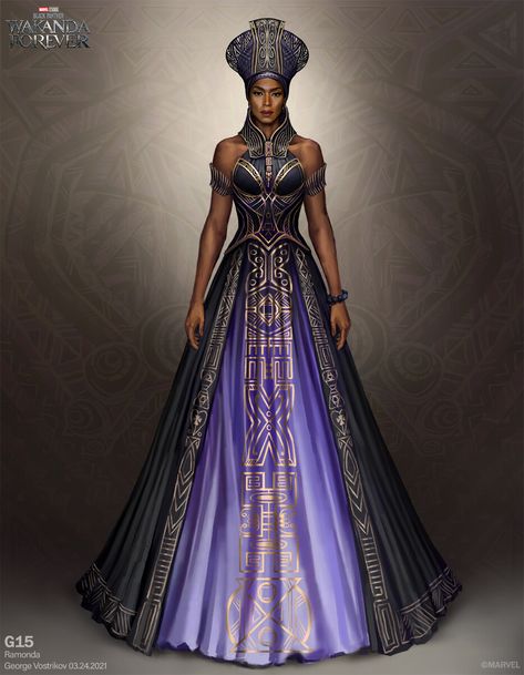 Wakanda Themed Outfits, Wakanda Forever Cosplay, Queen Ramonda Costume, Black Panther Costume Design, Black Panther Outfits, Wakanda Outfits, Ramonda Black Panther, Wakanda Cosplay, Wakanda Dress