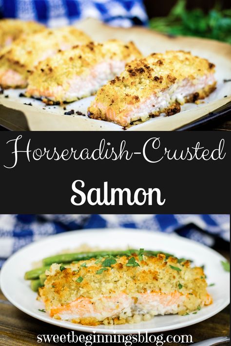 This Horseradish-Crusted Salmon has tender, flaky salmon fillets topped with a crisp panko and horseradish crust that will add a little spunk to your dinner! #Horseradish #Salmon #SweetBeginningsBlog Horseradish Salmon, Horseradish Recipes, Crusted Salmon Recipes, Health Lunch, Seafood Entrees, Crusted Salmon, Fish Recipes Healthy, Baked Salmon Recipes, Food Seafood