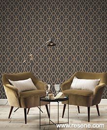 Resene Modern Art Wallpaper Collection - Room using 309331 Salon Art Deco, Green Sofa Living, Copper Wallpaper, Bungalow Renovation, Edwardian House, Feature Wallpaper, Trellis Design, Metallic Wallpaper, Design Del Prodotto