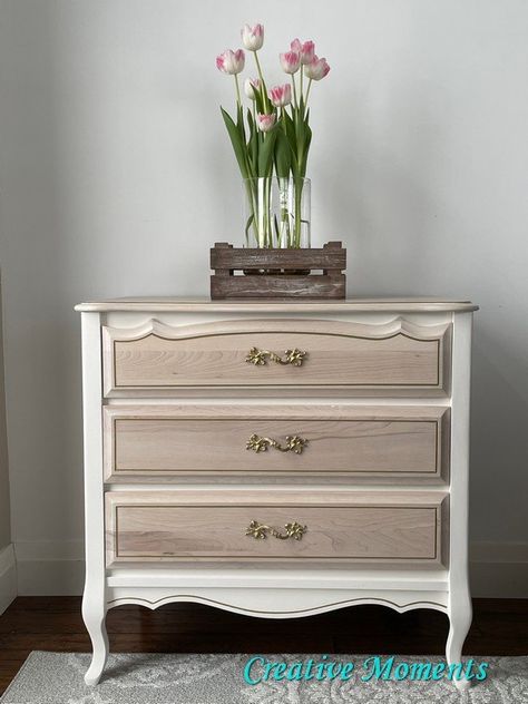 I LOVE French provincial bedroom furniture, the classic feminine style is just so elegant. I like to refinish in the classic traditional white but with this cutie I wanted to keep the fabulous wood grain on the top and drawer fronts and think the final look is perfect. Would you agree?The original post on my tutorial blog linked has more details included stenciled drawer sides and videos too. This is the BEFORE!!! After a good scrubbing I used stripper for the dresser top. The top… French Provincial Chest Of Drawers, French Provincial Bedroom Furniture, Provincial Dresser Makeover, Provincial Bedroom, French Provincial Nightstands, French Provincial Bedroom, Dresser Diy, Classic Feminine Style, French Dresser