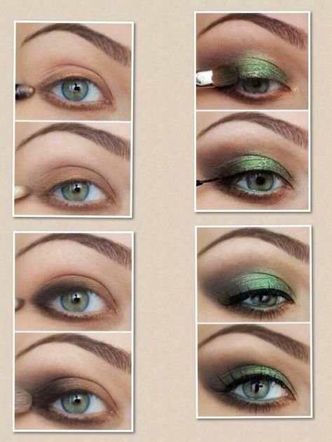 Green Eyeshadow Looks For Blue Eyes, Eyeshadow Looks With Green, Green Eyeshadow Looks Blue Eyes, Dark Green Eye Makeup Hooded Eyes, Green And Gold Make Up Looks, Green Eyeshadow Makeup Tutorial, Makeup That Brings Out Green Eyes, Green Brown Makeup, Green Prom Makeup For Brown Eyes