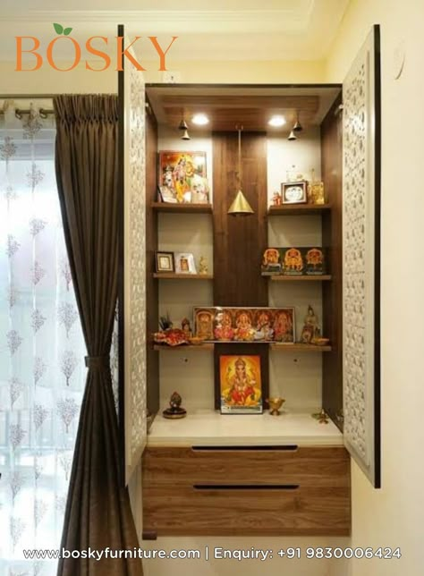 Puja unit interior design concept Indian Altar Design, Pooja Cupboard, Mandir Unit, Pooja Cabinet, Pooja Photos, Pooja Door, Pooja Unit, Indian Room Decor, Wooden Temple