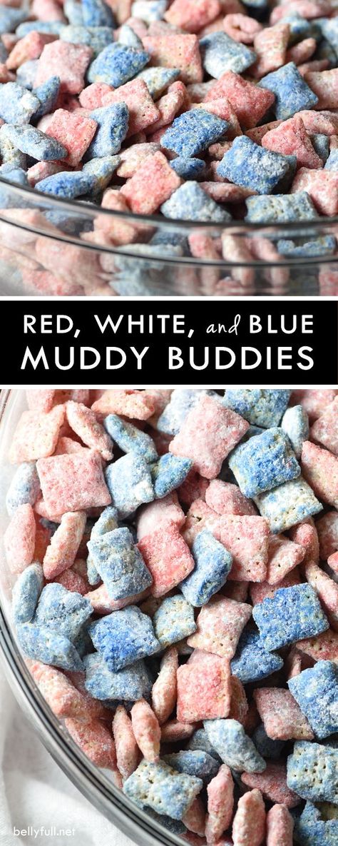 Red, White, and Blue Muddy Buddies - 15-minute Chex Mix Muddy Buddies with a holiday flair for the 4th of July! The most delicious and addicting snack ever! Blue Muddy Buddies, Chex Mix Muddy Buddies, Muddy Buddies Recipe, July Outfits, Muddy Buddies, 4th Of July Desserts, Independance Day, Fourth Of July Food, Chex Mix