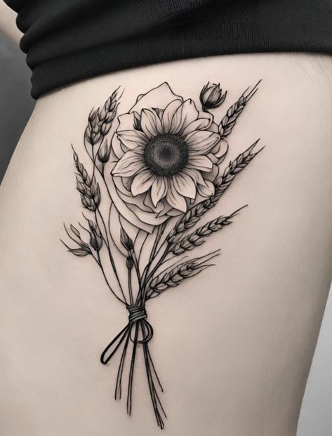 Sunflower And Eucalyptus Tattoo, Sunflower With A Bee Tattoo, Rustic Tattoo Ideas, Country Forearm Tattoo, Country Arm Tattoos For Women, Farm Animal Tattoos For Women, Arm Sunflower Tattoo, Antler Tattoo With Flowers, Red Sunflower Tattoo