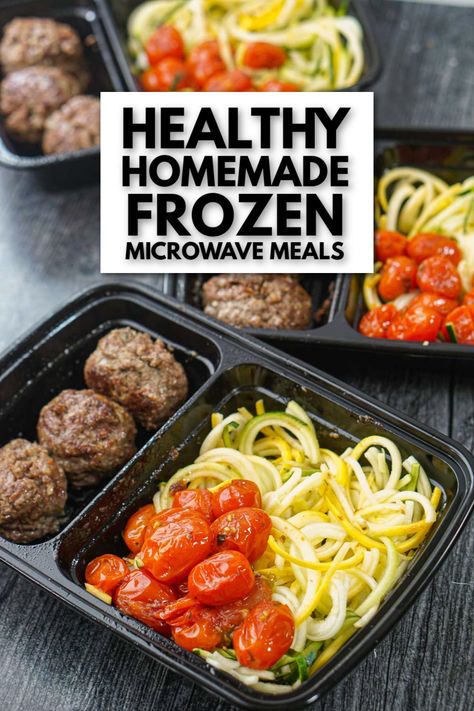 These homemade frozen microwave meals are great to have on hand for a healthy lunch or dinner. Just make a batch of these healthy paleo meatballs with zucchini noodles and roasted tomatoes and freeze for later. Having healthy pre-made food in your freezer makes eating healthy much easier. And this gluten free meal is fairly low carb and also high protein! Diy Microwave Meals Freezer, Homemade Frozen Microwave Meals, Low Carb Microwave Meals, Individual Freezer Meals Microwave, Single Serve Freezer Meals Microwave, Prep Meals For The Week Healthy Freezer, Low Calorie Frozen Meals, High Protein Low Carb Freezer Meals, Meal Prep Microwave Meals