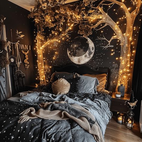 25 Enchanting Whimsy Goth Bedroom Ideas for a Mystical Vibe Disco Goth Decor, Witch Aesthetic Room Ideas, Goth Witchy Bedroom, Forest Goth Bedroom, Mystical Room Aesthetic, Small Gothic Bedroom Ideas, Dark Forest Bedroom Ideas, Whismgothic Bedroom, Dark Bohemian Bedroom Decor