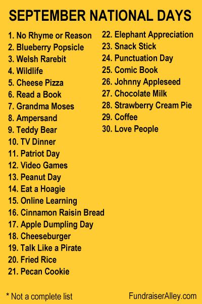 Celebrate National Days in September! There is at least one or more National Day for each day of September. This list only includes one for each day and is not a complete list. Take advantage of National Days for fundraising ideas. #nationaldays #septembernationaldays September National Days, National Days In September, List Of National Days, National Celebration Days, September Holidays, National Holiday Calendar, Silly Holidays, Days In September, Senior Living Activities