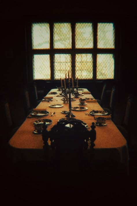 dark academia picture in a castle Hannibal Dinner Table, Dark Academia Dinner Table, Dinner Table Aesthetic Dark, Royal Dinner Table Aesthetic, Mystery Movie Aesthetic, Dinner Table Reference, Dark Dinner Table Aesthetic, Clue Movie Aesthetic, Dark Academia Dinner Party