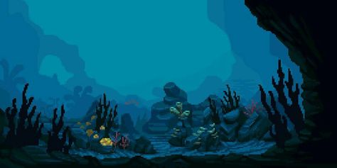 Gaming Computer Wallpaper, Subnautica Wallpaper Pc, Pixel Art Underwater, Pixel Ocean, Underwater Animation, Sea Pixel Art, Ocean Pixel Art, Scary Ocean, Underwater Cartoon