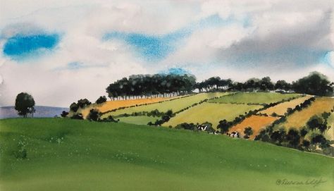 Watercolor Scenes, Trip To England, Lush Landscape, Landscape Sketch, Landscape Watercolor, Sand Painting, Green Hills, Watercolor Projects, Green Pasture