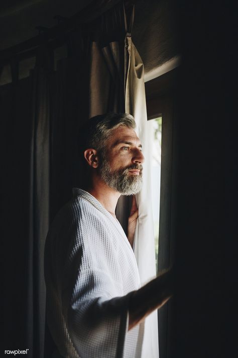 Hotel Room Curtains, Man Looking Up, Premium Hotel, Mens Photoshoot Poses, Portrait Lighting, Men Photoshoot, Room Curtains, Men Beach, Bathroom Products