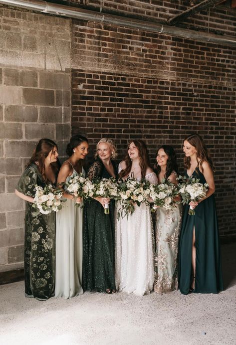 Mismatched Green Bridesmaid Dresses, Mixed Bridesmaid Dresses, Mismatched Bridesmaids Dresses, Winter Wedding Bridesmaids, Winter Bridesmaids, Winter Bridesmaid Dresses, Fall Bridesmaids, Green Themed Wedding, Fall Bridesmaid Dresses