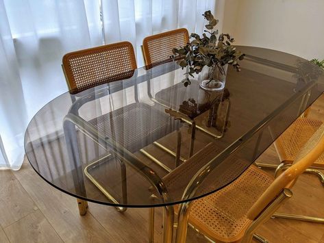 Mid Century Glass Table, Glass Table With Wood Chairs, Mid Century Glass Dining Table, Smoked Glass Dining Table, Glass Table Decor Dining, Glass Dinner Table, Glass Table Dining, Glass Dining Table Decor, Rectangle Glass Dining Table