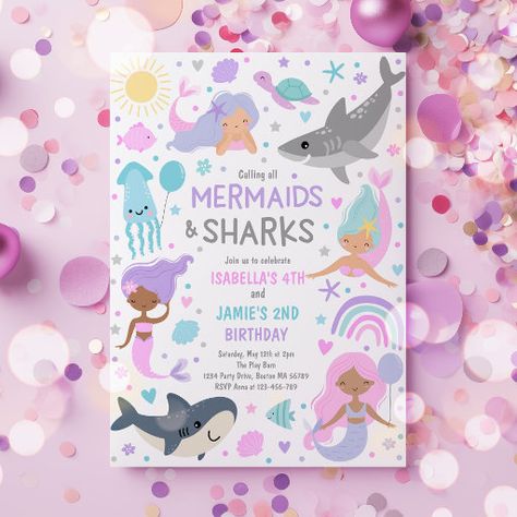 Brother Sister Birthday Party Themes, Brother And Sister Birthday Party Ideas, Sibling Birthday Parties, Birthday Party Snacks, Mermaid Invitations, Mermaid Birthday Invitations, Birthday Party Theme Decorations, First Birthday Party Themes, Twin Birthday