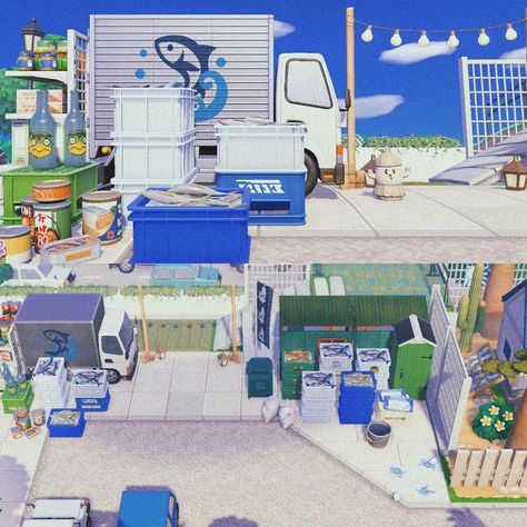 Fish Shop Animal Crossing, Acnh Port Town, Animal Crossing Coastal, Acnh Fishing Village, Acnh Fishing Area, Acnh Coastal Town, Acnh Fish Market, Acnh Boardwalk, Animal Crossing Fish