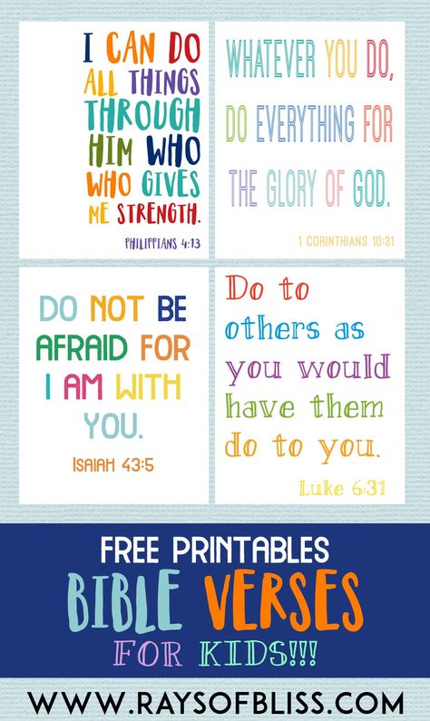 Kids Bible Verses Free Printables - Set of 4 - Rays of Bliss Kids Bible Verses, Scriptures For Kids, Verses For Kids, Bible Verses For Kids, Preschool Bible, Kids Bible, Bible Study For Kids, Bible Lessons For Kids, Bible Activities