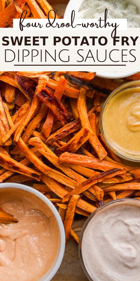 Elevate your fry game with these four dipping sauces for sweet potato fries! Made with minimal ingredients and with flavors ranging from hot honey mustard to maple cinnamon yogurt, there's a dip for everyone! Sweet Potato Fry Sauce, Sweet Potato Dipping Sauce, Sweet Potato Fry Dip, Sweet Potato Fries Dipping Sauce, Hot Honey Mustard, Sweet Potato Fry, Sweet Potato Dip, Cinnamon Yogurt, Sweet Potato Sauce