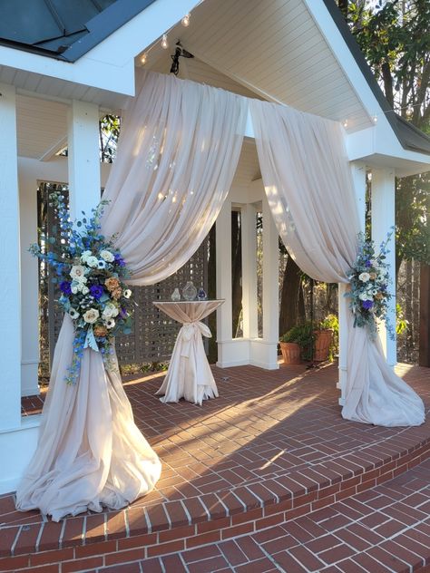 Draped Doorway, Alanna Wedding, Picture Window Treatments, Gazebo Drapes, Venue Entrance, Backdrop Board, Gazebo Wedding Decorations, Porch Wedding, Wedding Columns