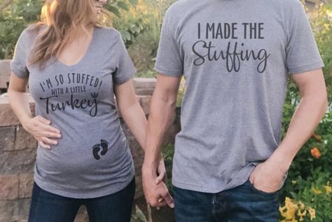 Pregnancy Announcement Thanksgiving, Thanksgiving Pregnancy Shirt, Thanksgiving Pregnancy Announcement, Funny Pregnancy Shirts, Pregnancy Announcement Photos, Thanksgiving Baby, Fall Maternity, Maternity Shirt, Pregnant Couple