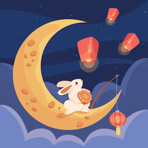 Mid Autumn Illustration, Mooncake Festival Illustration, Chinese Illustration Art, Rabbit Art For Kids, Cute Rabbit Wallpaper, Line Art Rabbit, Rabbit Art Illustration, Mid Autumn Festival Illustration, Rabbit Artwork