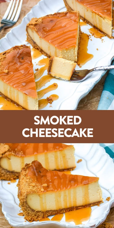 Smoked cheesecake is a fun spin on the traditional dessert. Mild smoky flavors elevate the classic dish with an extra note of flavor that’s perfect for summer! #cheesecake #dessert #recipe Dessert In Smoker, Smoked Cake Recipes, Smoked Baked Goods, Dessert On The Smoker, Desserts On The Smoker, Smoked Cheesecake Recipe, Summer Cheesecake Flavors, Pellet Grill Dessert Recipes, Smoked Dessert Recipes