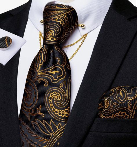 Black And Golden Suit Men, Men Black And Gold Suit, Black And Gold Aesthetic Fashion Men, Black Suits With Gold Accents Men, Black And Gold Suits For Men, Black Gold Suit Men, Black And Gold Outfit Men, Black Suit Gold Tie, Black And Gold Suit Men