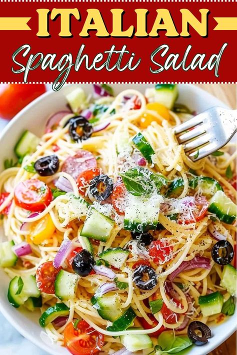 This Italian spaghetti salad is a refreshing dish for summer parties! Loaded with veggies, pepperoni, tomatoes, olives, and Parmesan cheese, it's such a delight. Pasta Salads For Summer, Italian Foods For A Party, Italian Spaghetti Salad, Cold Spaghetti Salad, Spaghetti Pasta Salad, Zesty Salad, Italian Spaghetti, Closet Cooking, Spaghetti Salad