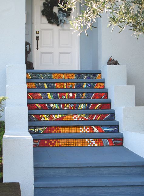 This one is nice too.  Kim Larson Art, Mosaics + More: Mosaic Stairs - Dawn's Sunrise Mosaic Stairs, Mosaic Walkway, Stair Art, Tile Stairs, Mosaic Madness, Mosaic Murals, Painted Stairs, Mosaic Artwork, Stair Steps