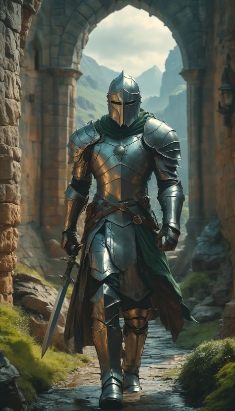 Medieval Knight Painting, Male Fighter Dnd, Cool Knight Armor, Medieval Knight Aesthetic, Paladin Fantasy Art, Fantasy Knight Art, Fantasy Knight Armor, Knight Poses, Dnd Knight