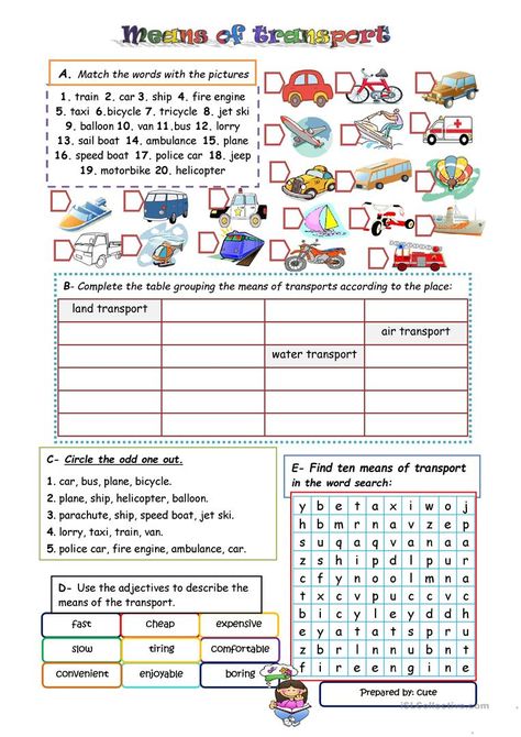 means of transport - English ESL Worksheets for distance learning and physical classrooms Means Of Transportation Activities, Kindergarten Transportation, Cell Transport, Transportation Worksheet, Means Of Transport, Transportation Activities, Transportation Preschool, English Lessons For Kids, English Activities