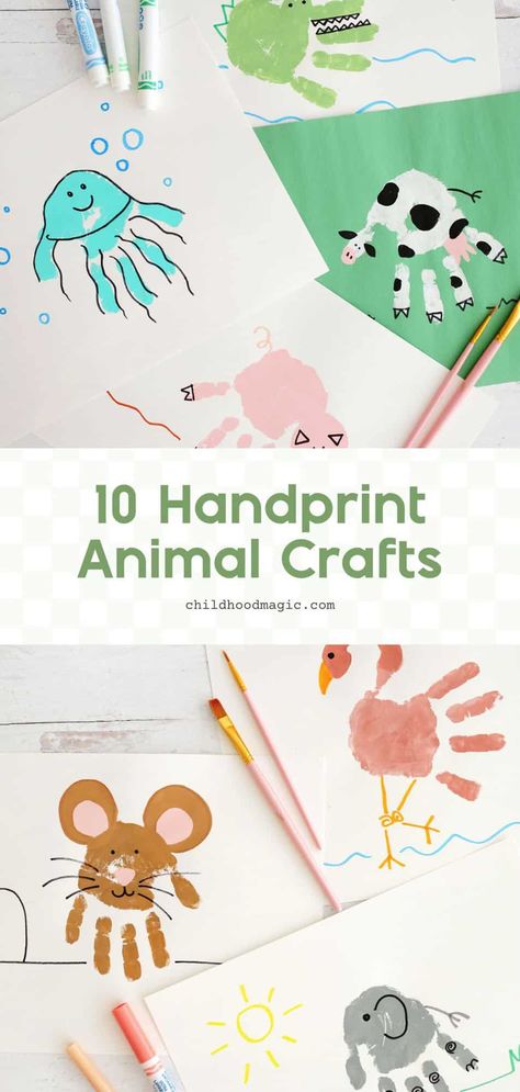 10 Handprint Animal Crafts That Kids Will Love! - Childhood Magic Hand Painting Art Kids, Hand Print Animals For Toddlers, Spring Handprint Art Toddlers, Handprint Animals For Toddlers, Goat Handprint Craft, Painted Handprint Ideas, Baby Footprint Painting Ideas, Handprint Animals Preschool, Grandparent Handprint Craft