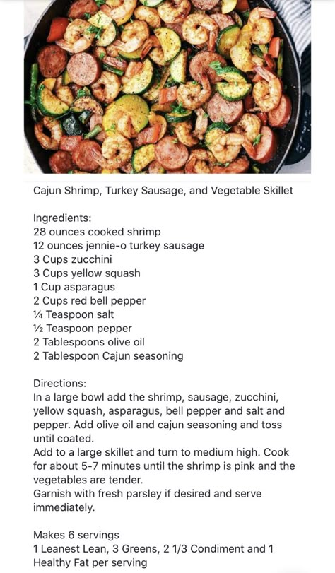 Cajun shrimp, turkey, veggie skillet Greens And Protein Recipes, Lean Dinner Meals, Lean And Green Meals Optavia Fish, Lean Meat And Veggie Dinners, Lean And Green Turkey Sausage Recipes, Lean Meat And Veggie Meals, Turkey And Veggie Skillet, Veggie And Protein Meals, Lean Protein And Veggie Meals