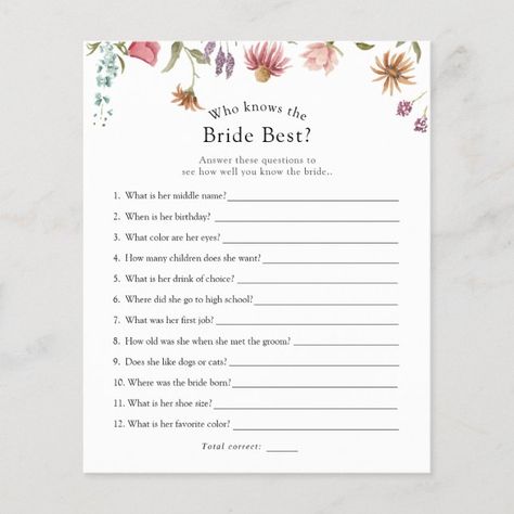 Bridal Shower Trivia, Questions About The Bride, Who Knows The Bride Best, Price Is Right Games, Wildflower Baby Shower, Bridal Games, Diaper Rash Cream, Spring Wildflowers, How Many Kids