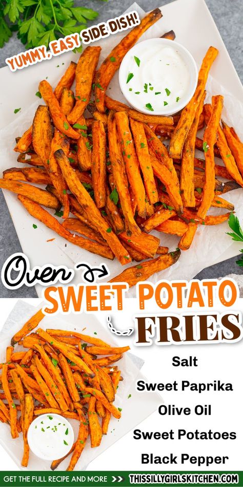 sweet potato fries on a plate with sauce on the side Sweet Potato Fries Oven, Oven Sweet Potato Fries, Smothered Potatoes, Oven Fried Potatoes, Making Sweet Potato Fries, Potato Recipes Side Dishes, Quick And Easy Appetizers, Potato Sides, Fast Easy Meals