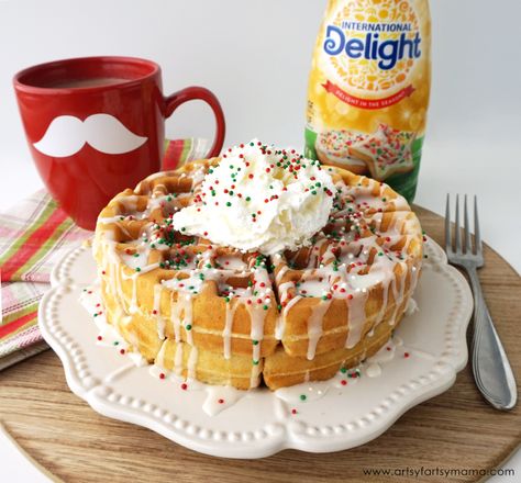 Fluffy Sugar Cookie Waffles made with International Delight® Sugar Cookie Coffee Creamer #DelightfulMoments #ad @walmart Sugar Cookie Coffee, Cookie Waffles, Christmas Waffles, Cookie Coffee, Coffee Creamer Recipe, Christmas Breakfast Recipe, Creamer Recipe, Christmas Morning Breakfast, Birthday Breakfast