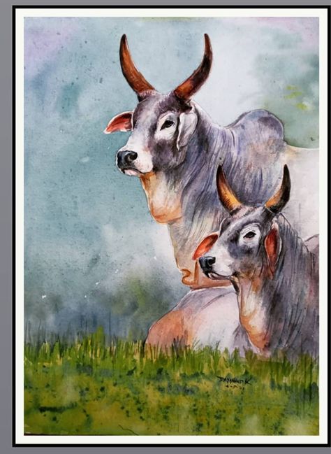 Bull Watercolor Painting, Animal Water Colour Paintings, Animal Composition Painting, Cute Cow Sketch, Cow Watercolor Painting, Bullock Cart, Animal Canvas Paintings, Animal Paintings Acrylic, Bird Paintings On Canvas