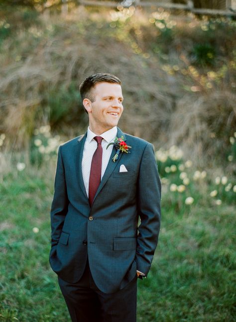 Photography: Daniel Kim Photography - danielkimphoto.com  Read More: http://www.stylemepretty.com/2014/05/21/easy-elegance-in-the-marin-headlands/ Dark Teal Blue Suit Men, Dark Teal Tuxedo Wedding, Dark Teal Suit Men, Black Suit Teal Tie, Navy Suit Teal Tie, Dark Green Suit Men, Maroon Tie, Teal Suit, Green Suit Men