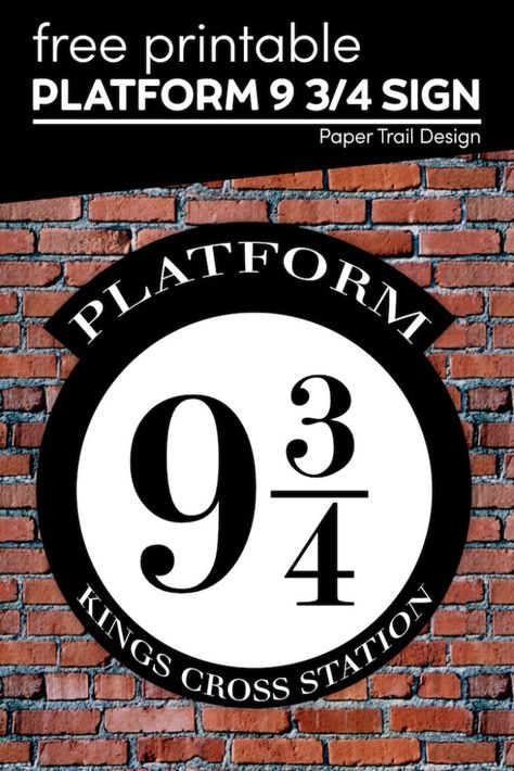 Print this platform 9 3/4 sign for free and use our tutorial to make a fun platform 9 3/4 prick wall out of a plastic table cloth or shower curtain. Free Harry Potter Signs, Diy Platform 9 3/4 Sign, Harry Potter Platform 9 3/4 Printable, Diagon Alley Signs Free Printable, Harry Potter Printable Decorations, Diy Platform 9 3/4, Platform 9 3/4 Printable, Harry Potter Platform 9 3/4, Harry Potter 9 3/4