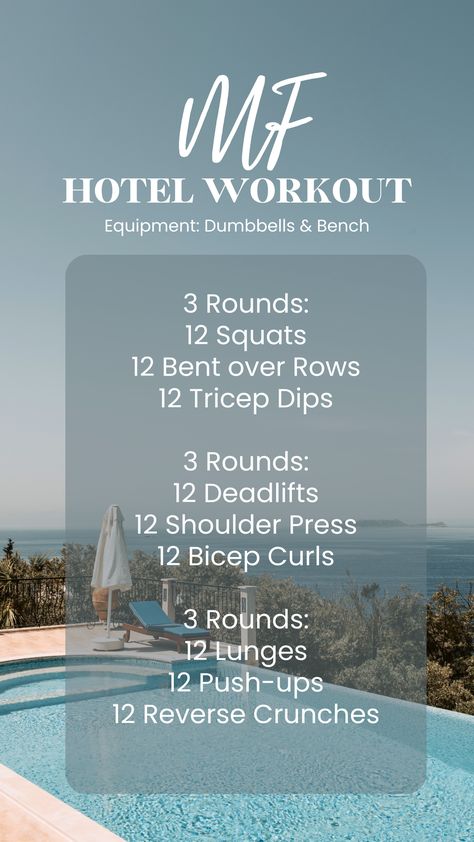 Full body hotel strength workout. Legs, back, arms, shoulders, and core. Quick Hotel Gym Workout, Full Body Hotel Gym Workout, Hotel Workout Gym, Hotel Workouts For Women, Hotel Gym Workouts For Women, Hotel Gym Workout, Stairmaster Workout, Hotel Room Workout, Body Strength Workout