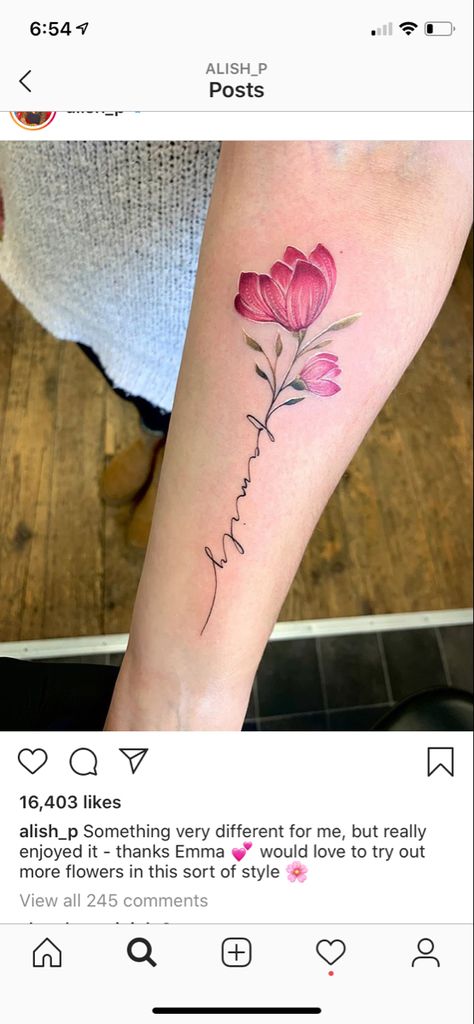 Flowers With Words Tattoo Stems, Rose Stem Tattoo, Word Tattoos On Arm, Name Flower Tattoo, Rose Tattoo With Name, Simple Forearm Tattoos, Boho Tattoos, Bouquet Tattoo, Tattoos For Women Flowers