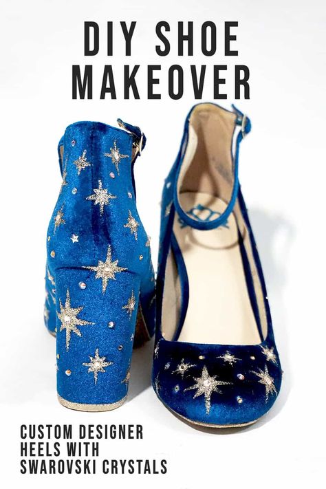 How to give your shoes a DIY makeover with swarovski crystals. Plus how to paint on velvet and a secret trick to help remove super glue. #shoes #diyfashion #shoehacks #diyideas Diy Wedges Shoes Makeover, Diy Bejeweled Boots, Diy High Heels Makeover, Beading On Velvet, Diy Swarovski Crystals Projects, Diy Boots Makeover Shoe Refashion, Upcycle Heels Diy, Shoe Upcycle Diy, Diy Clothing Embellishments