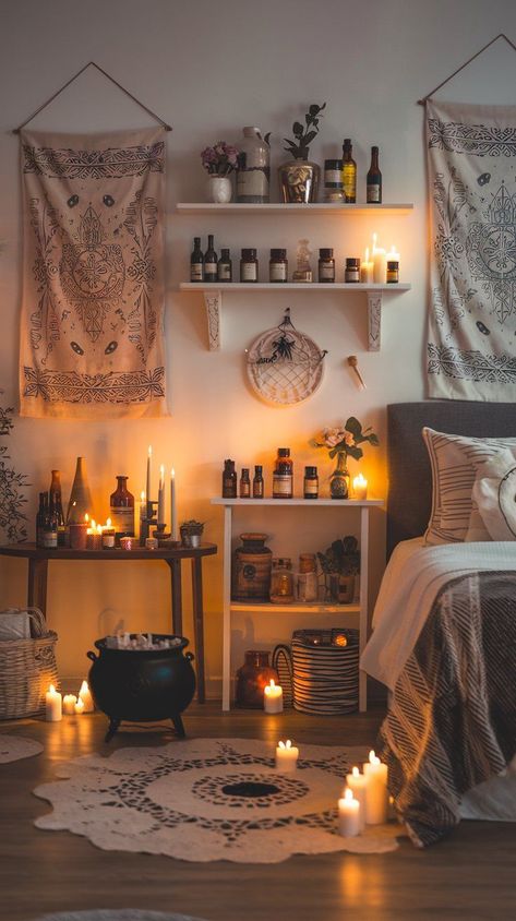 Witch Dorm Room Aesthetic, Witchy Room Bed, Bedroom Inspirations Witchy, Witch Inspired Bedroom, Witchy Cottagecore Home Decor, White Witch Bedroom, Room Esthetics Ideas, Diy Witchy Decor Bedroom, Small Goth Bedroom